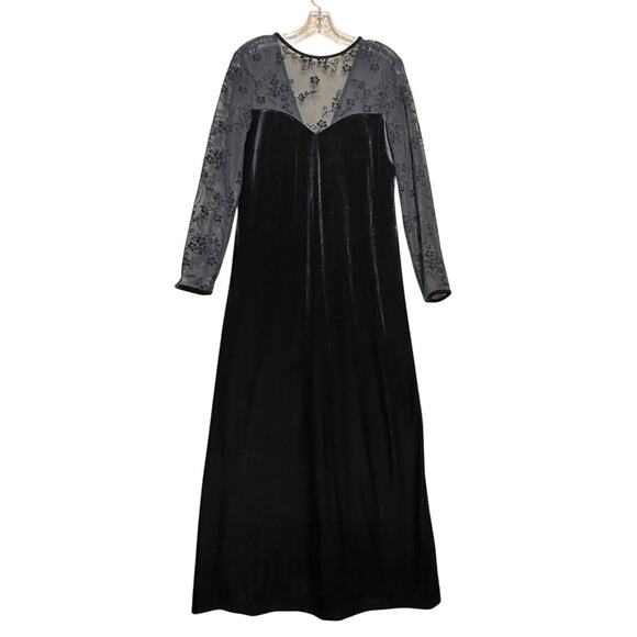 Vtg Y2K Black Velvet Maxi Dress Mesh Bodice Sleeve Whimsigoth Y2K Vampire Floral - Picture 1 of 16